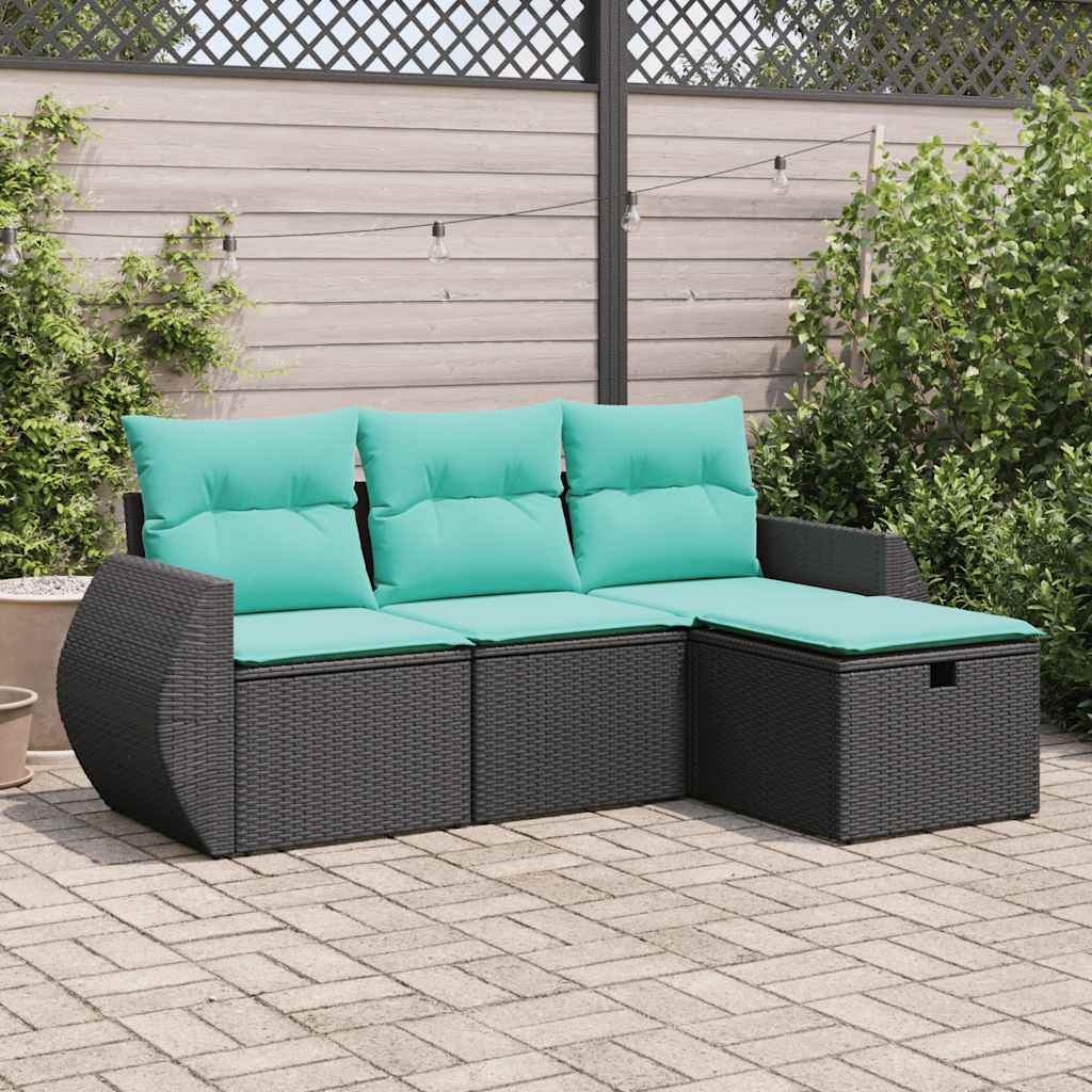 Salon de jardin 4 pcs avec coussins noir résine tressée