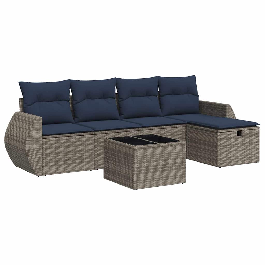 Salon de jardin 6 pcs avec coussins gris résine tressée