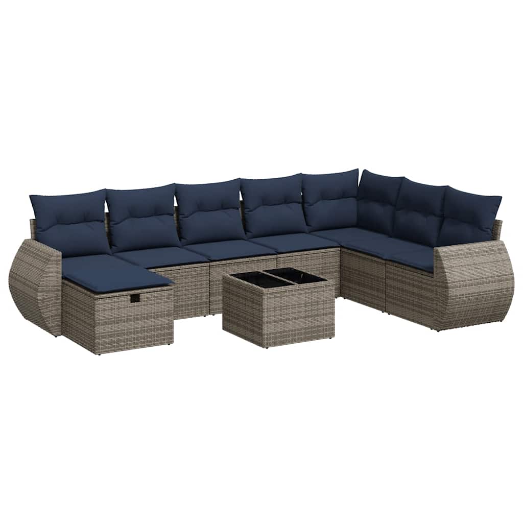 Salon de jardin 9 pcs avec coussins gris résine tressée