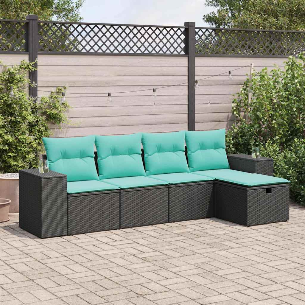Salon de jardin 5 pcs avec coussins noir résine tressée