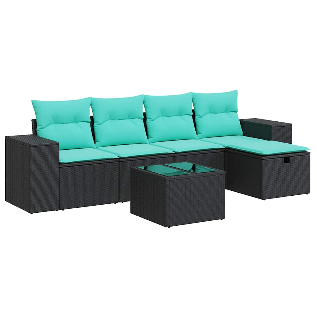 Salon de jardin 6 pcs avec coussins noir résine tressée