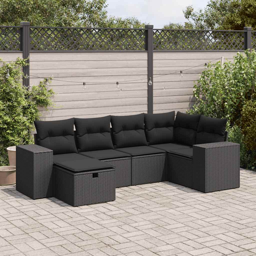 Salon de jardin 6 pcs avec coussins noir résine tressée