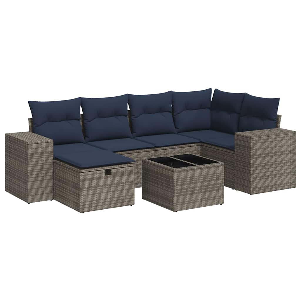 Salon de jardin avec coussins 7 pcs gris résine tressée