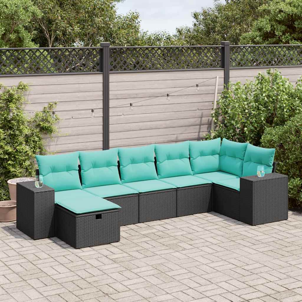 Salon de jardin 7 pcs avec coussins noir résine tressée