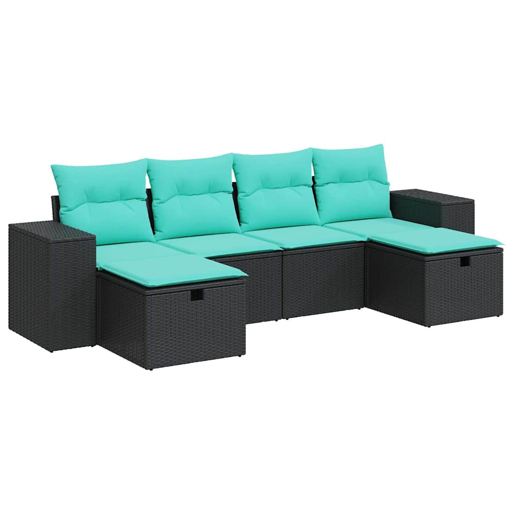 Salon de jardin 6 pcs avec coussins noir résine tressée
