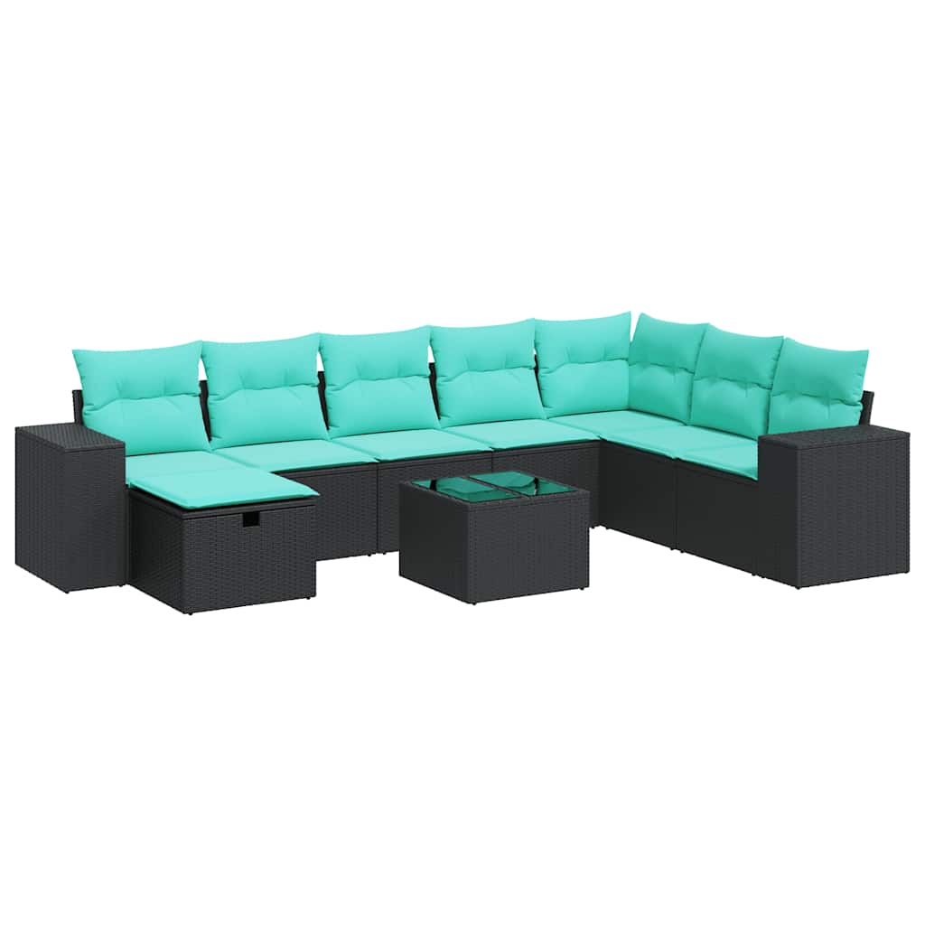 Salon de jardin 9 pcs avec coussins noir résine tressée