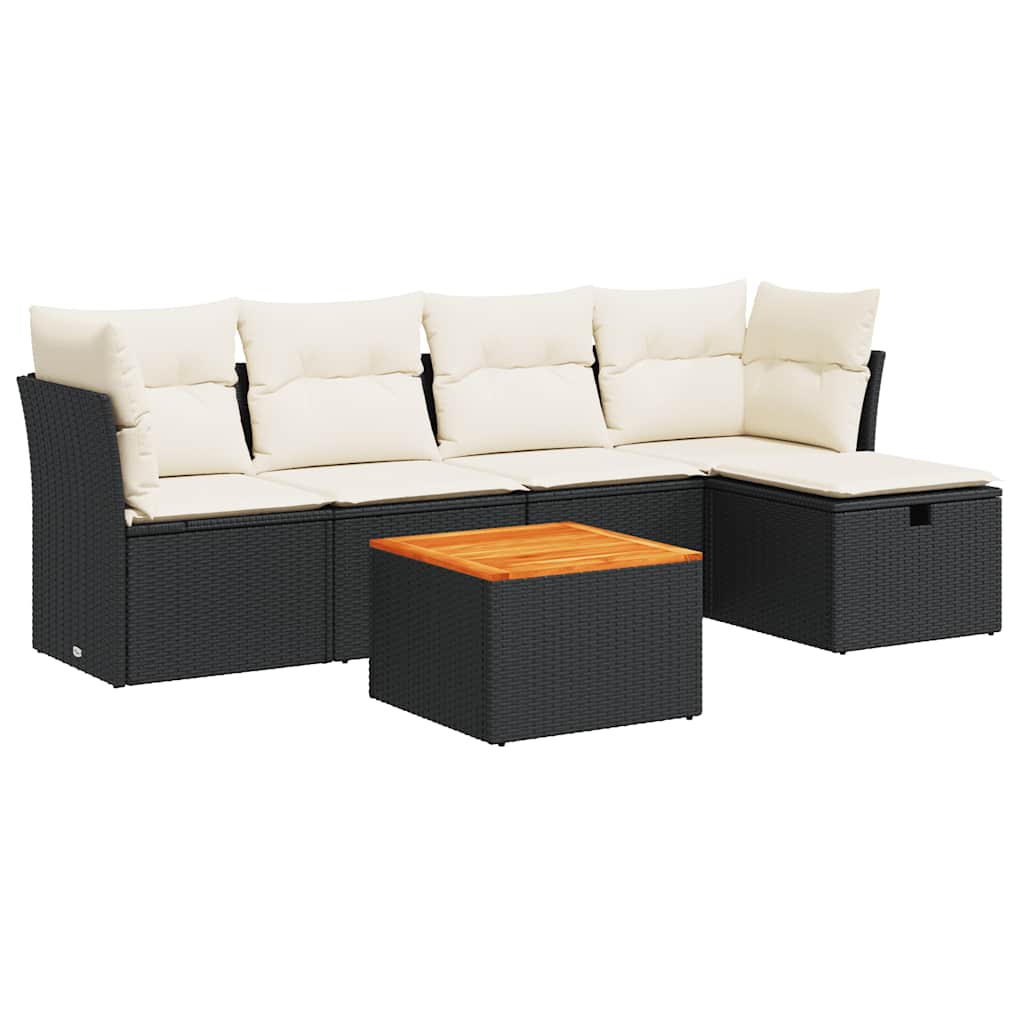Salon de jardin 6 pcs avec coussins noir résine tressée