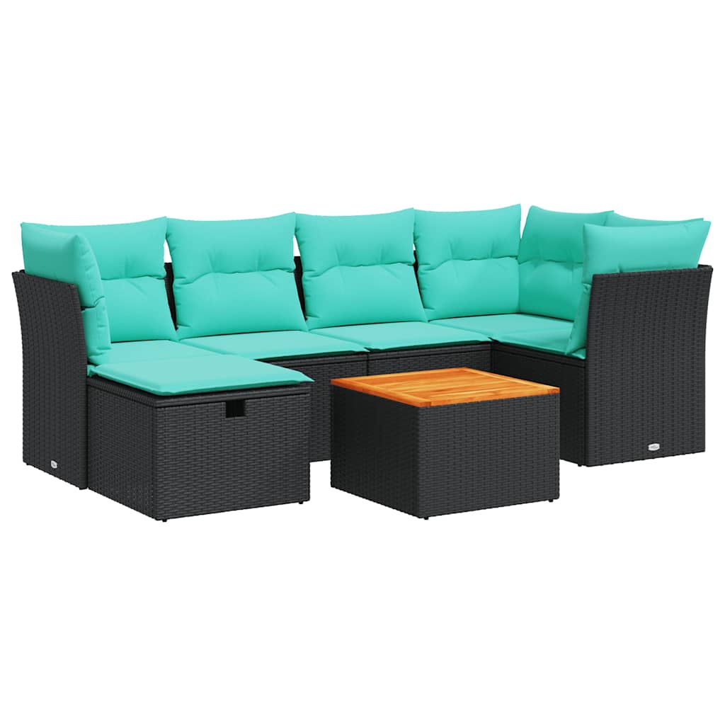 Salon de jardin 7 pcs avec coussins noir résine tressée