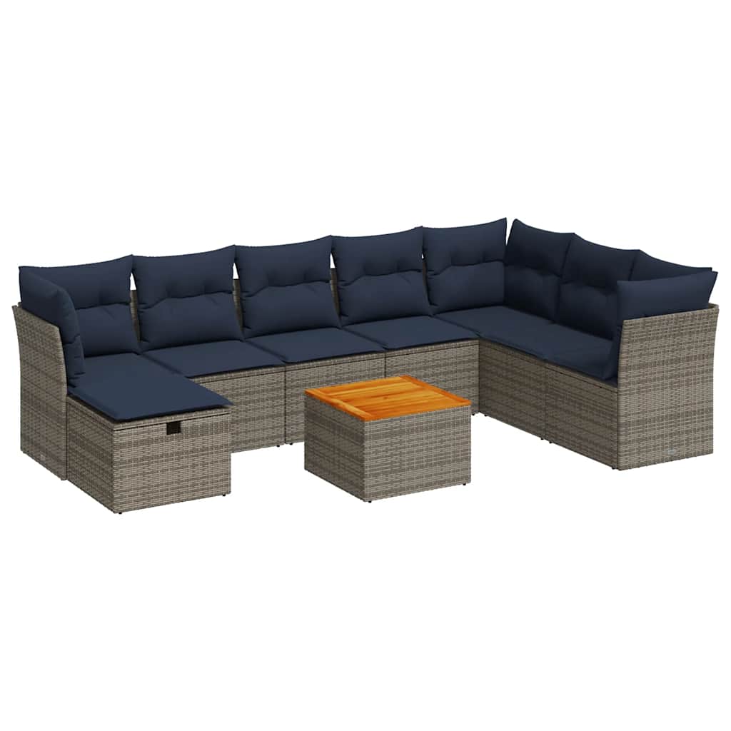 Salon de jardin 9 pcs avec coussins gris résine tressée