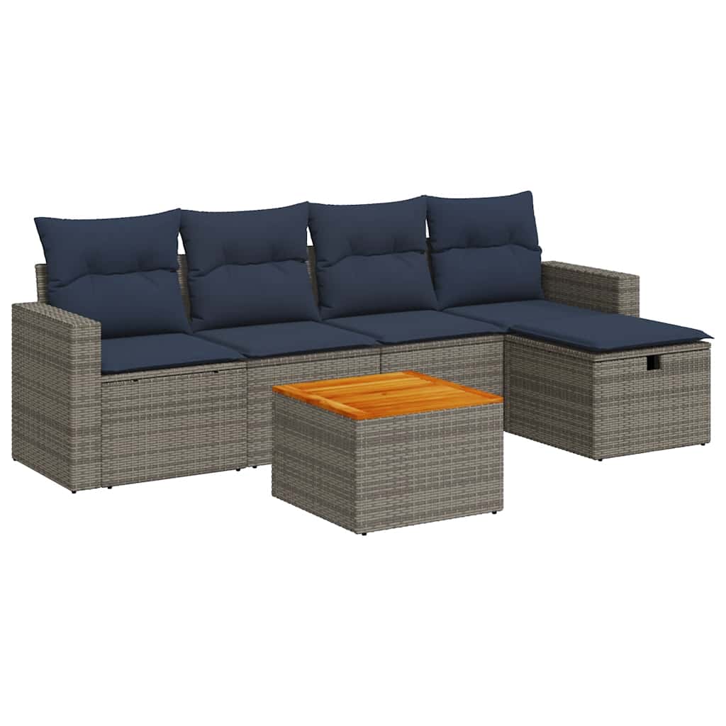 Salon de jardin 6 pcs avec coussins gris résine tressée