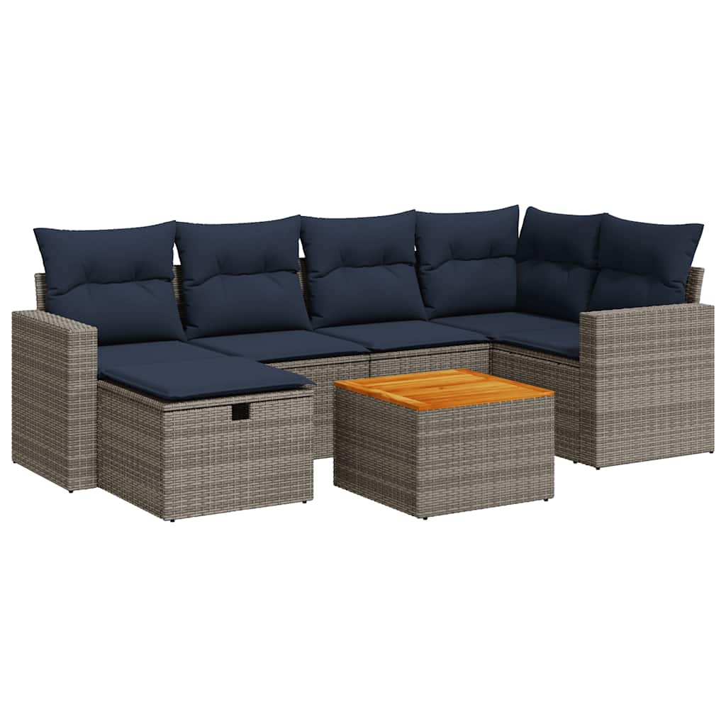 Salon de jardin avec coussins 7 pcs gris résine tressée