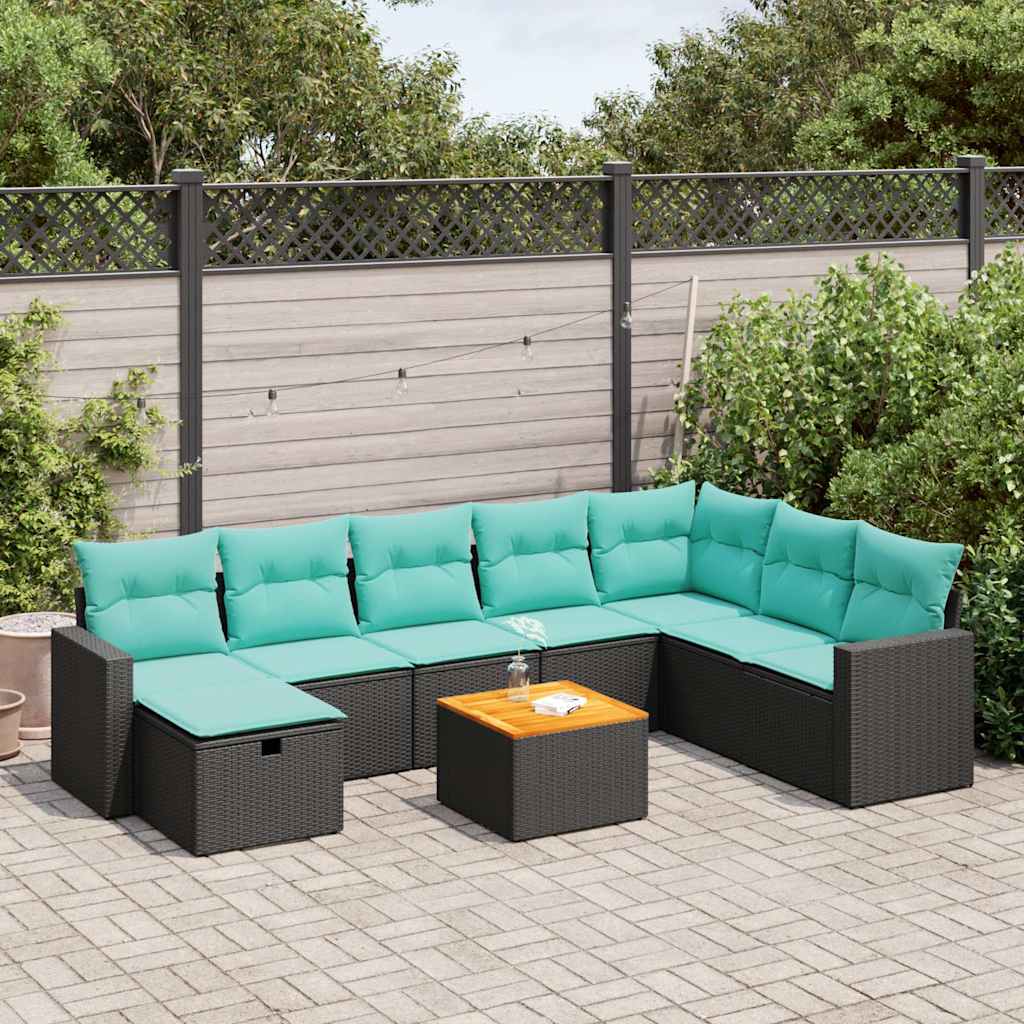 Salon de jardin 9 pcs avec coussins noir résine tressée
