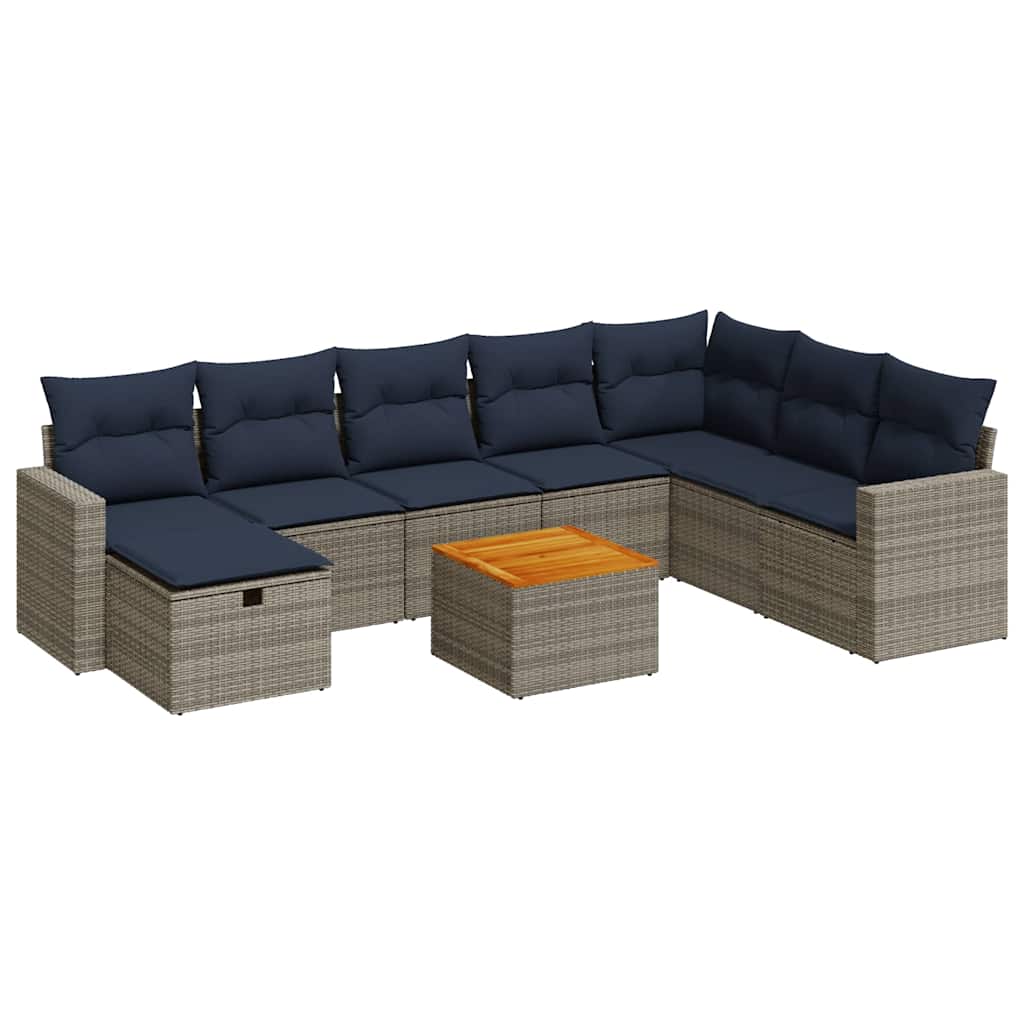 Salon de jardin 9 pcs avec coussins gris résine tressée