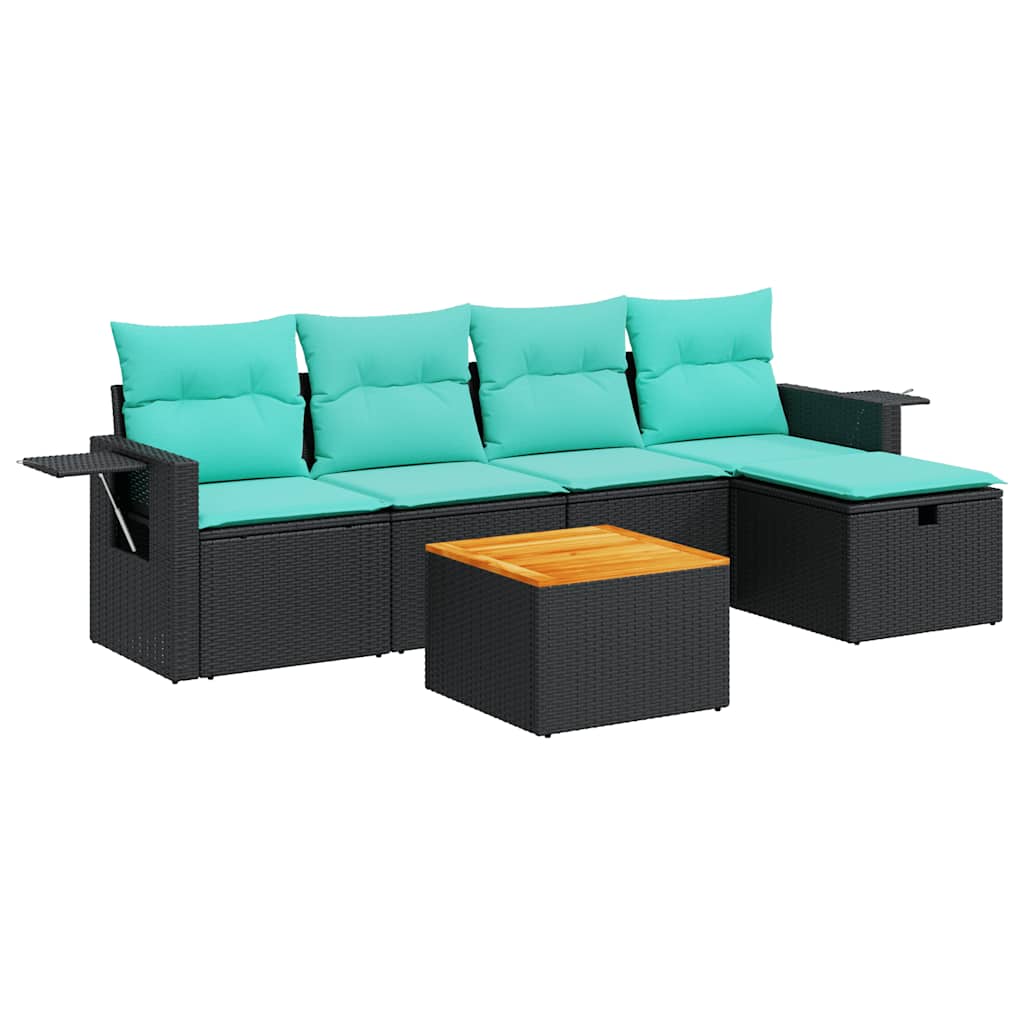 Salon de jardin 6 pcs avec coussins noir résine tressée