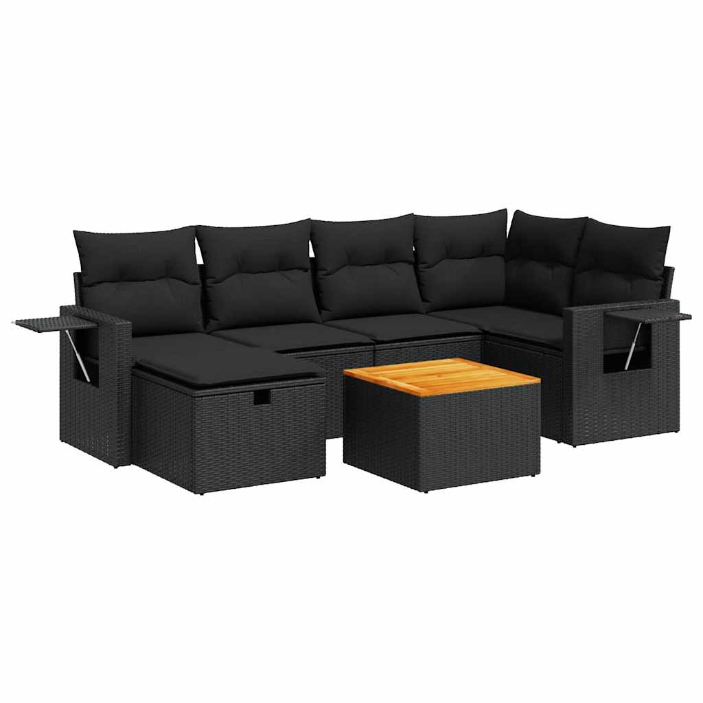 Salon de jardin 7 pcs avec coussins noir résine tressée