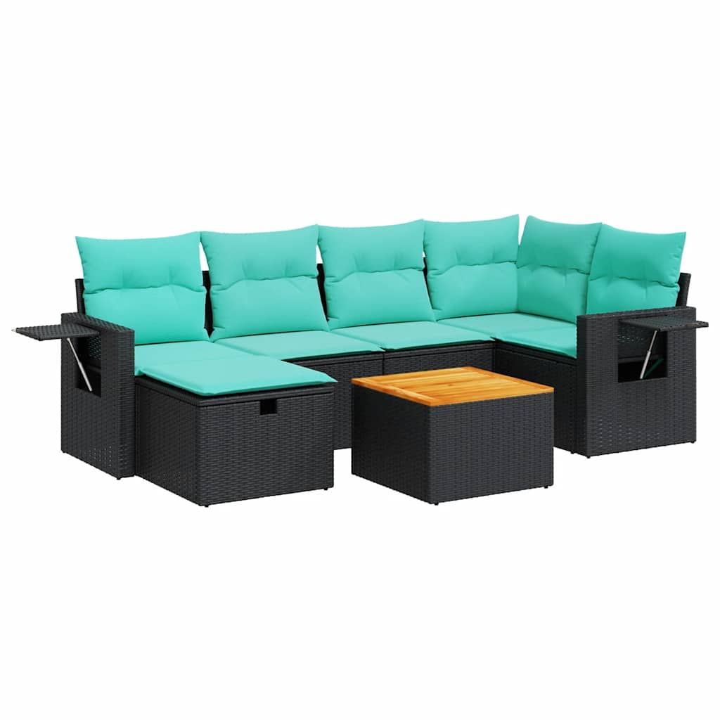 Salon de jardin 7 pcs avec coussins noir résine tressée