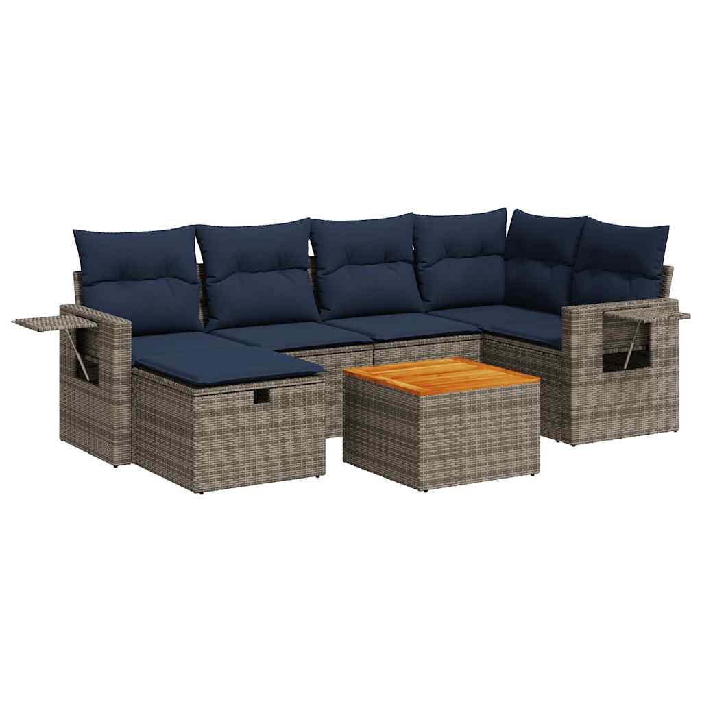 Salon de jardin avec coussins 7 pcs gris résine tressée