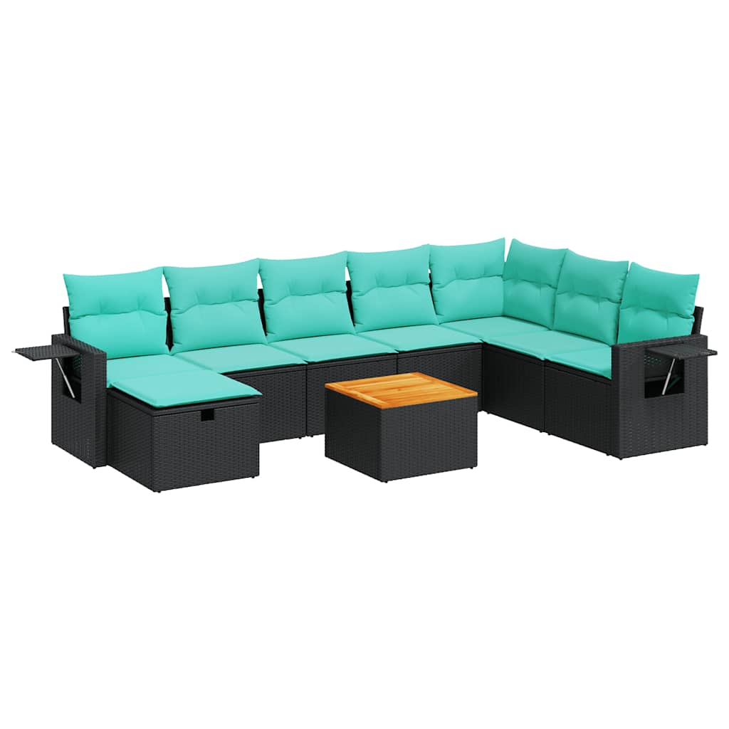 Salon de jardin 9 pcs avec coussins noir résine tressée