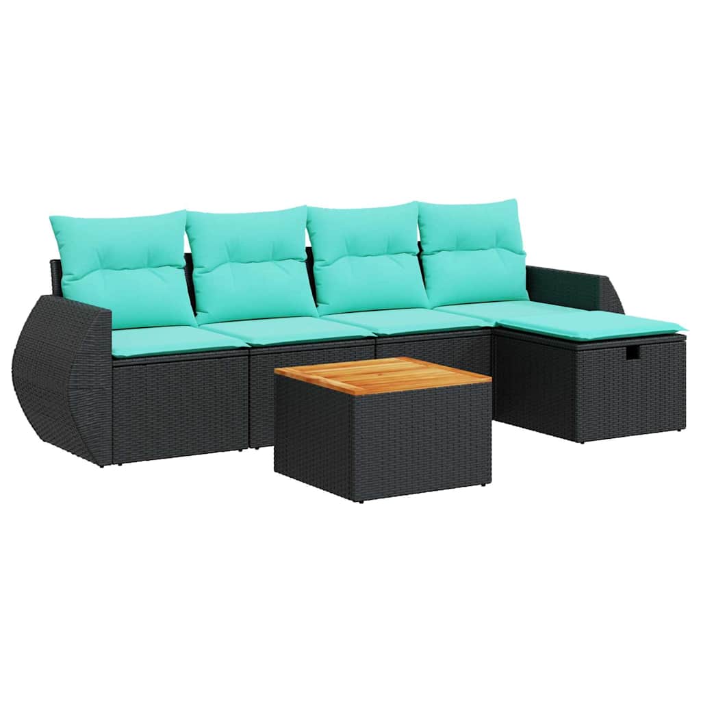 Salon de jardin 6 pcs avec coussins noir résine tressée