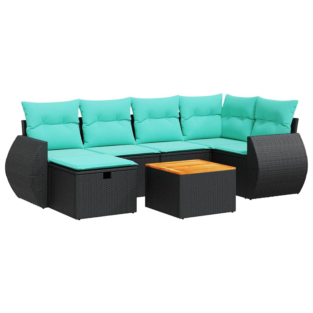 Salon de jardin 7 pcs avec coussins noir résine tressée