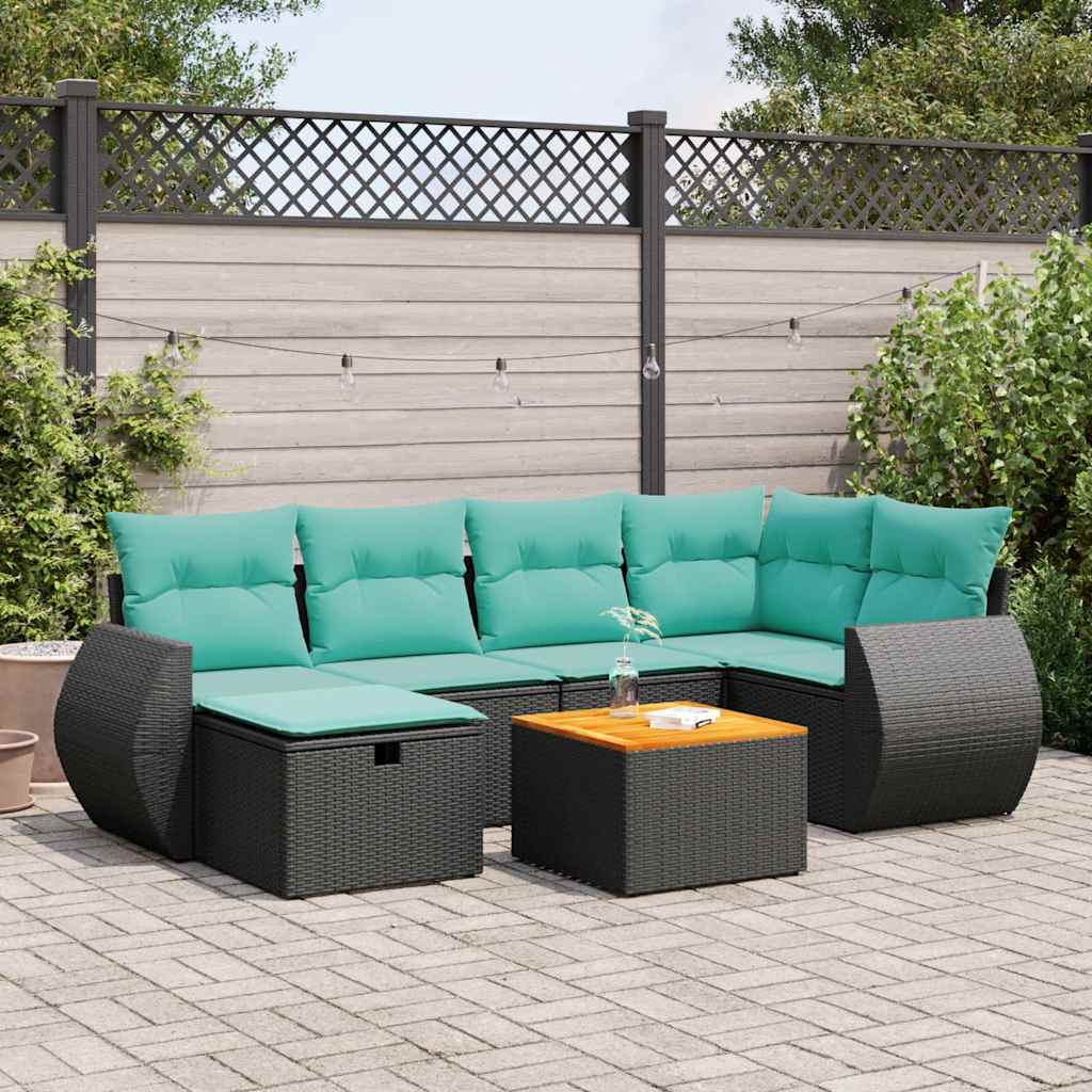 Salon de jardin 7 pcs avec coussins noir résine tressée