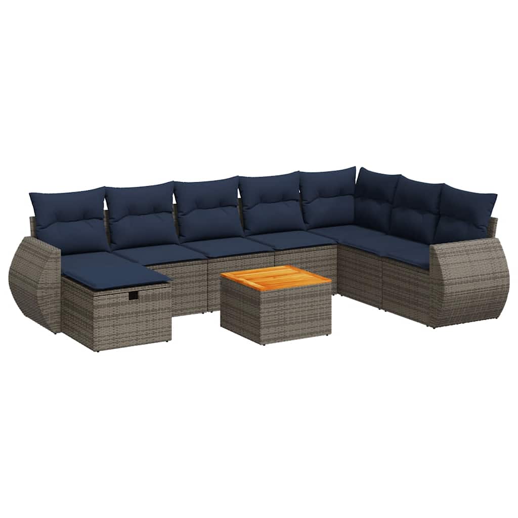 Salon de jardin 9 pcs avec coussins gris résine tressée