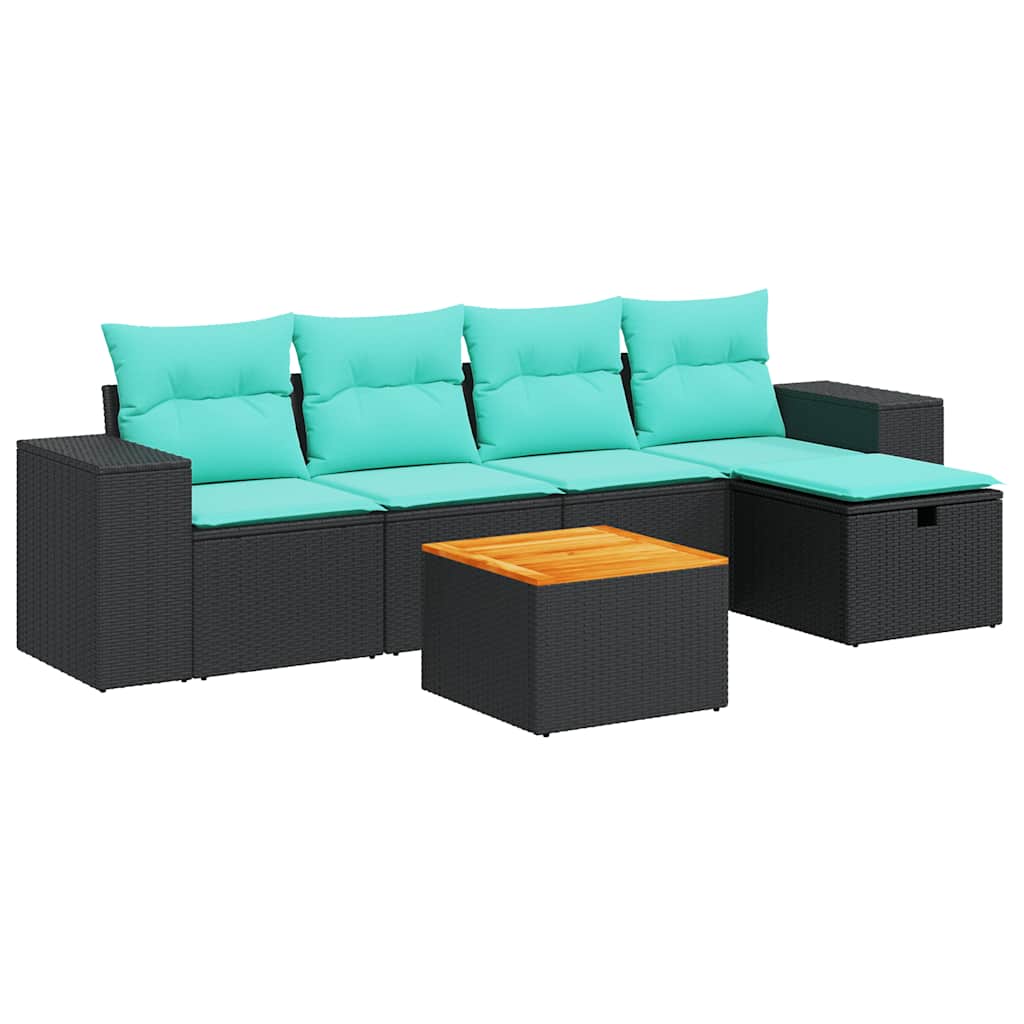 Salon de jardin 6 pcs avec coussins noir résine tressée