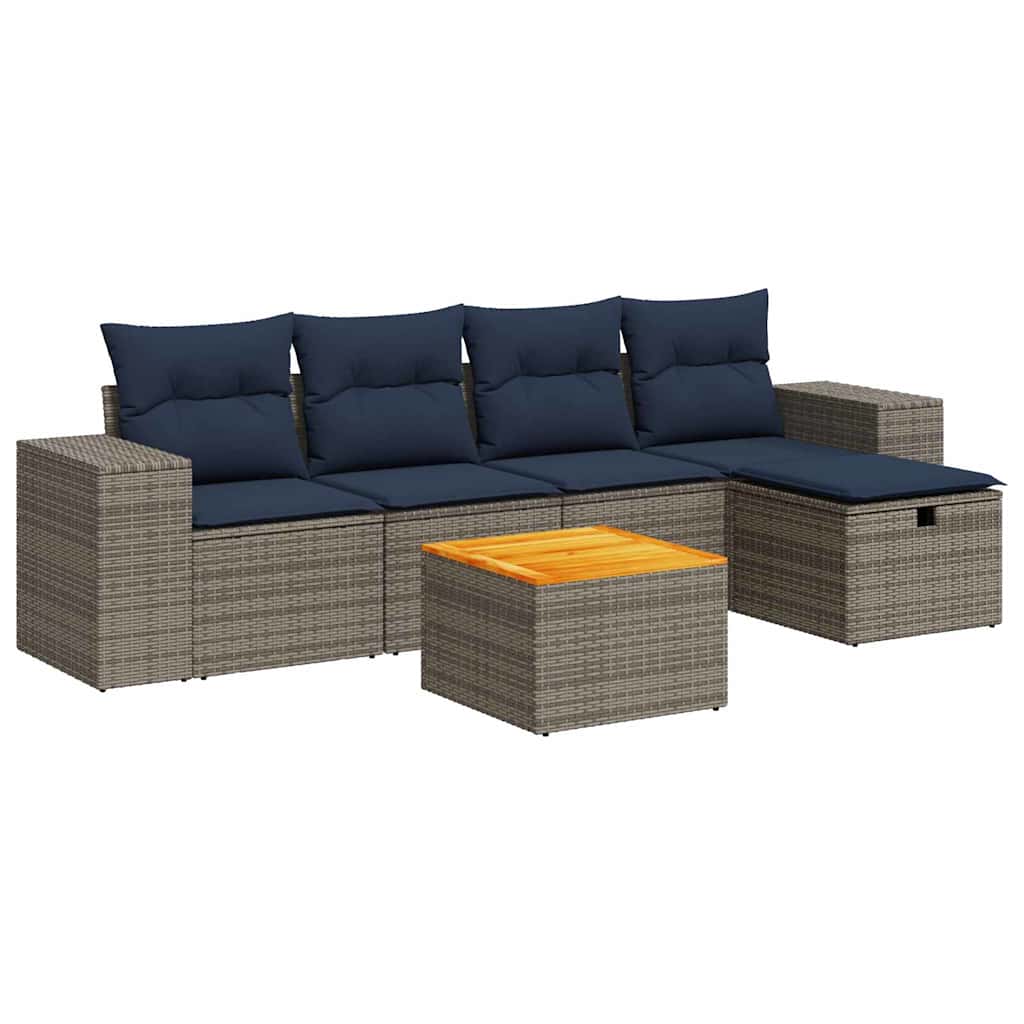 Salon de jardin 6 pcs avec coussins gris résine tressée