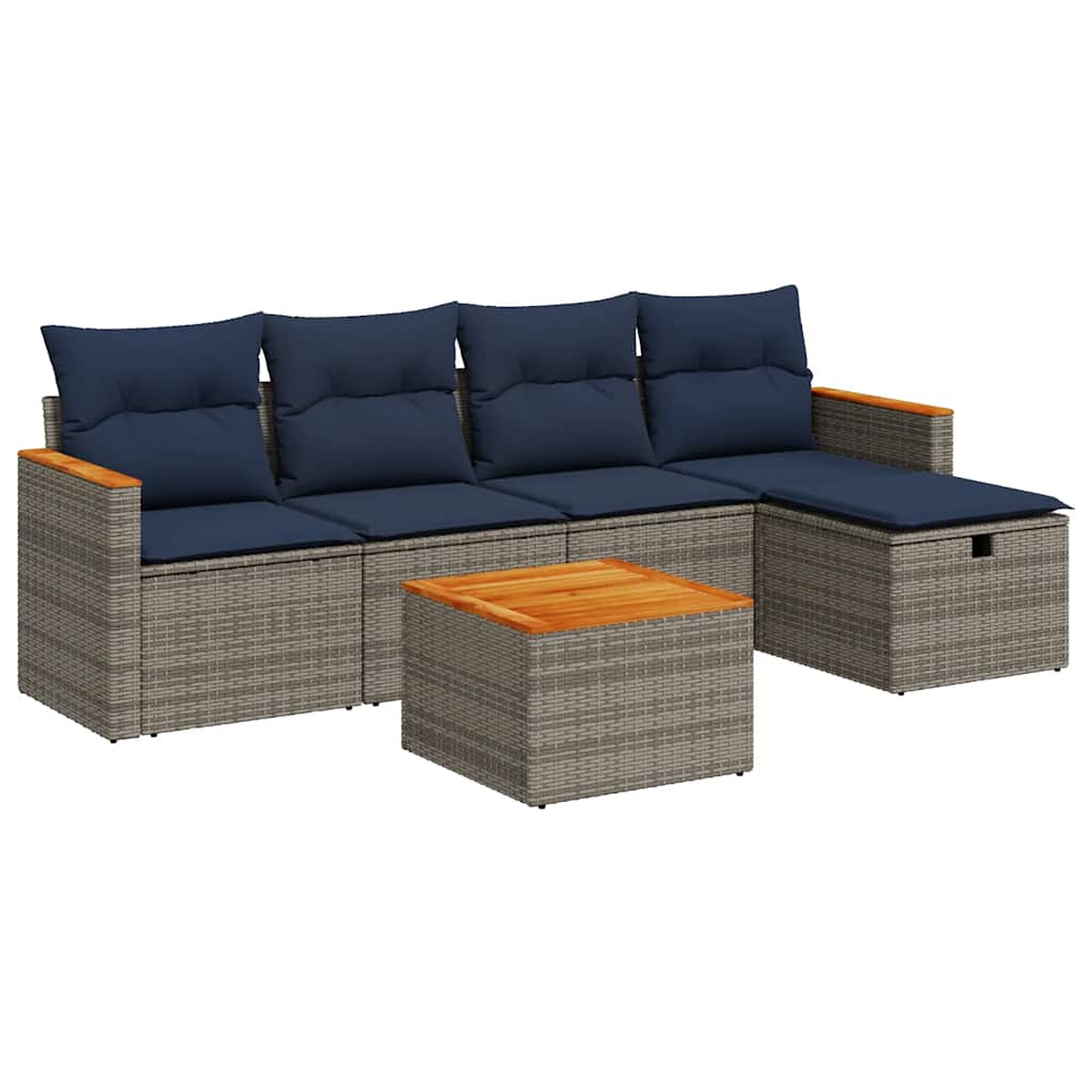 Salon de jardin 6 pcs avec coussins gris résine tressée