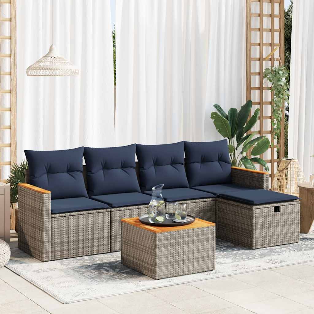 Salon de jardin 6 pcs avec coussins gris résine tressée