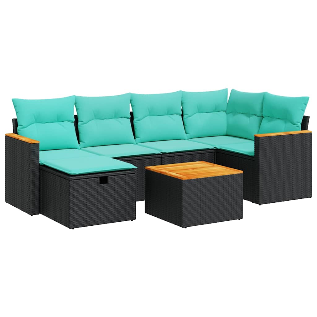 Salon de jardin 7 pcs avec coussins noir résine tressée