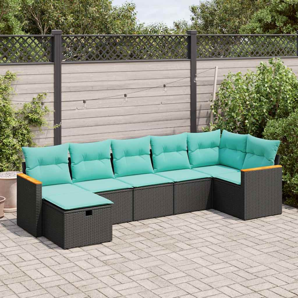 Salon de jardin 7 pcs avec coussins noir résine tressée