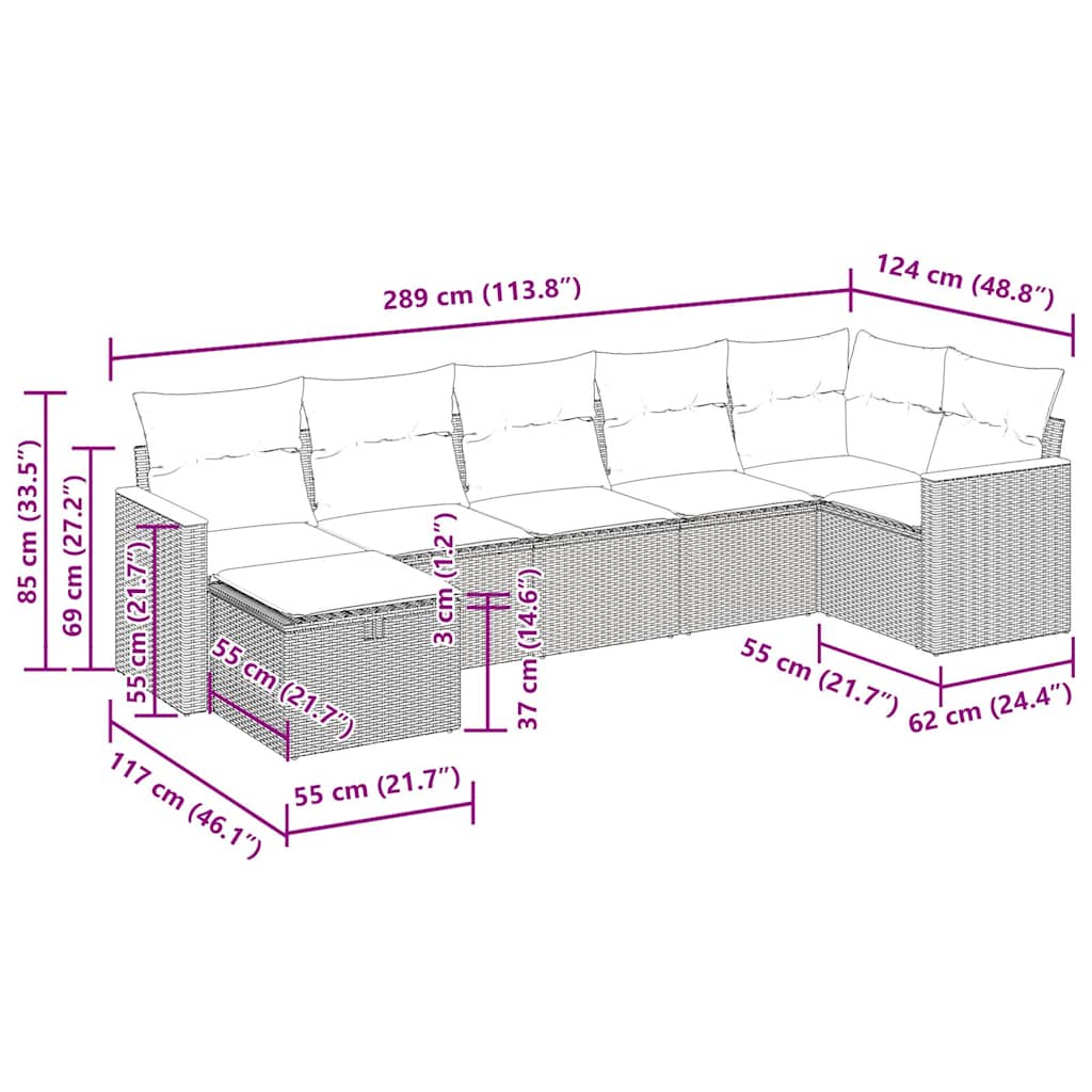 Salon de jardin avec coussins 7 pcs gris résine tressée