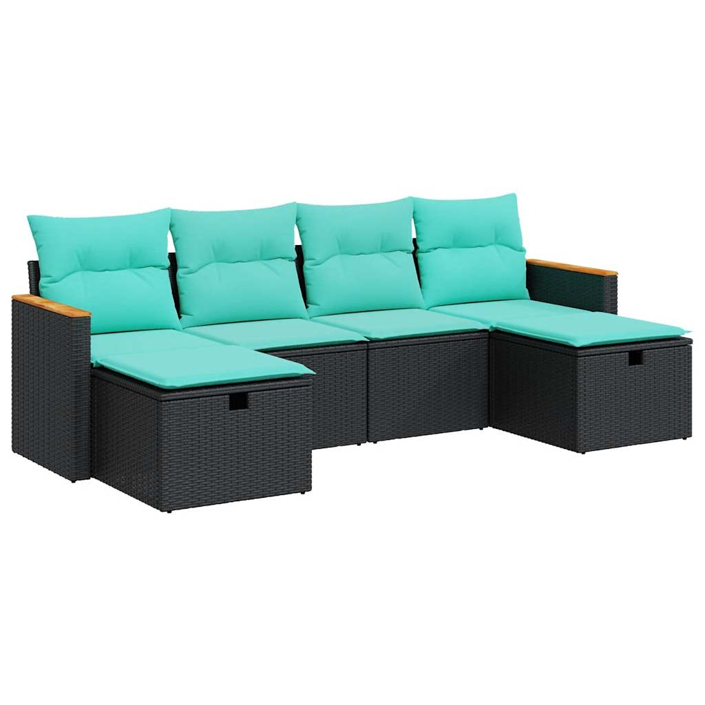 Salon de jardin 6 pcs avec coussins noir résine tressée