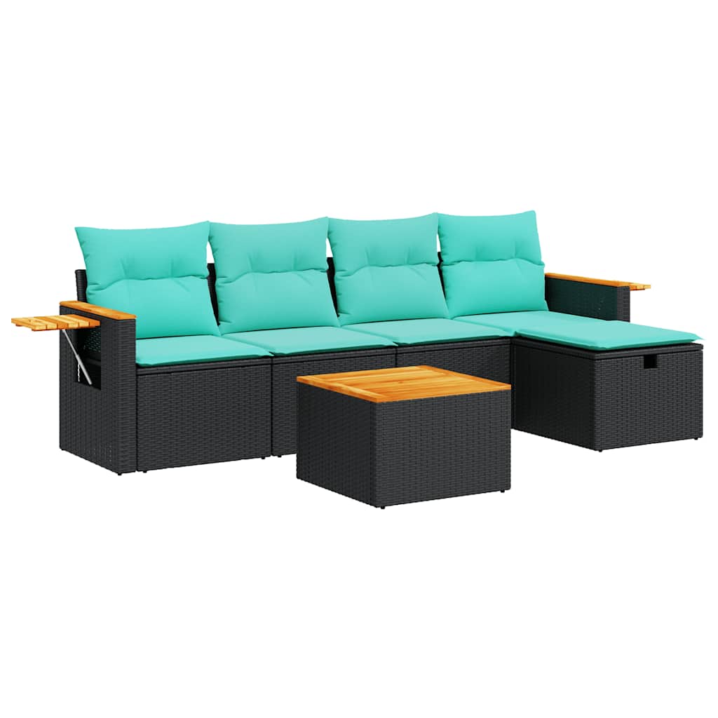 Salon de jardin 6 pcs avec coussins noir résine tressée
