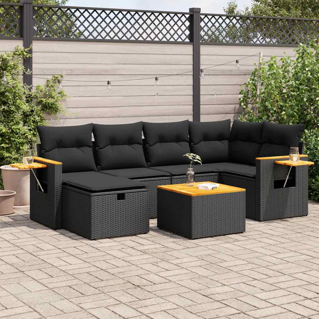 Salon de jardin 7 pcs avec coussins noir résine tressée