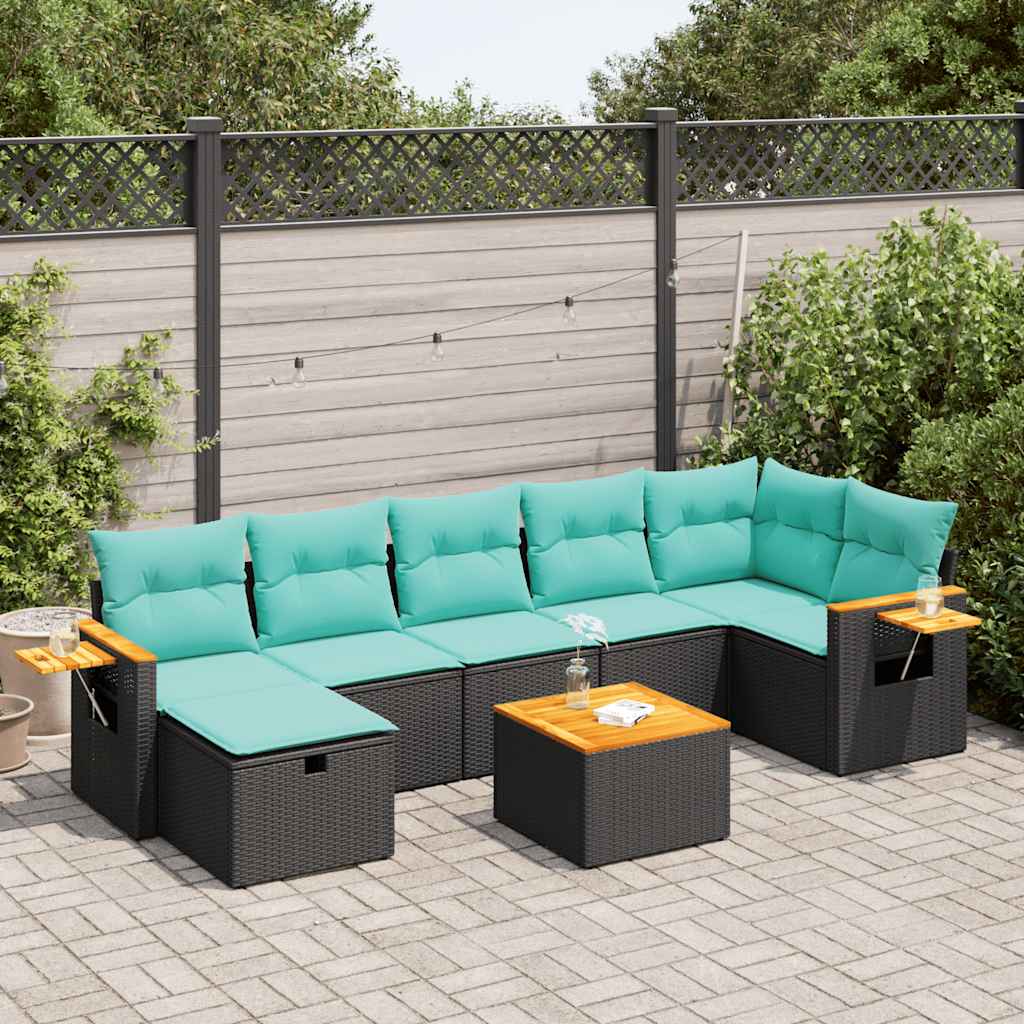 Salon de jardin 8 pcs avec coussins noir résine tressée