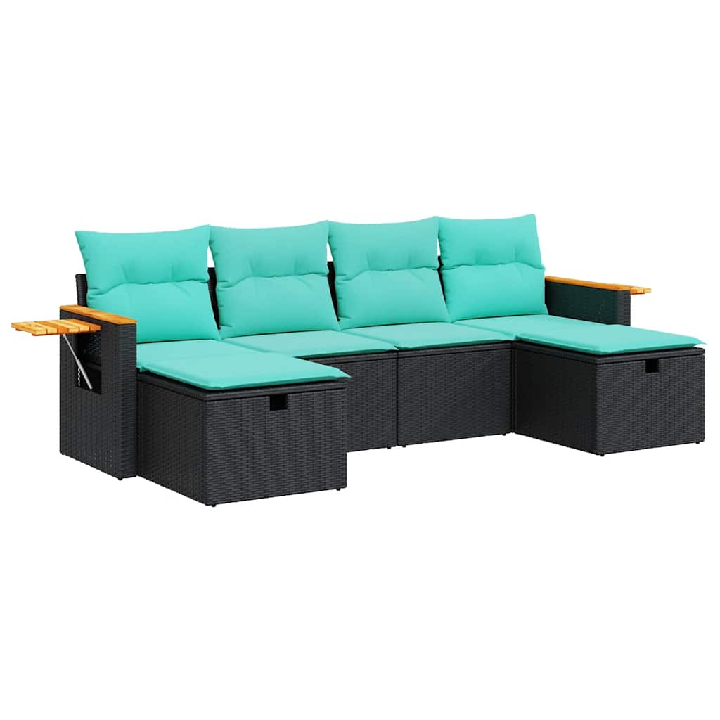 Salon de jardin 6 pcs avec coussins noir résine tressée