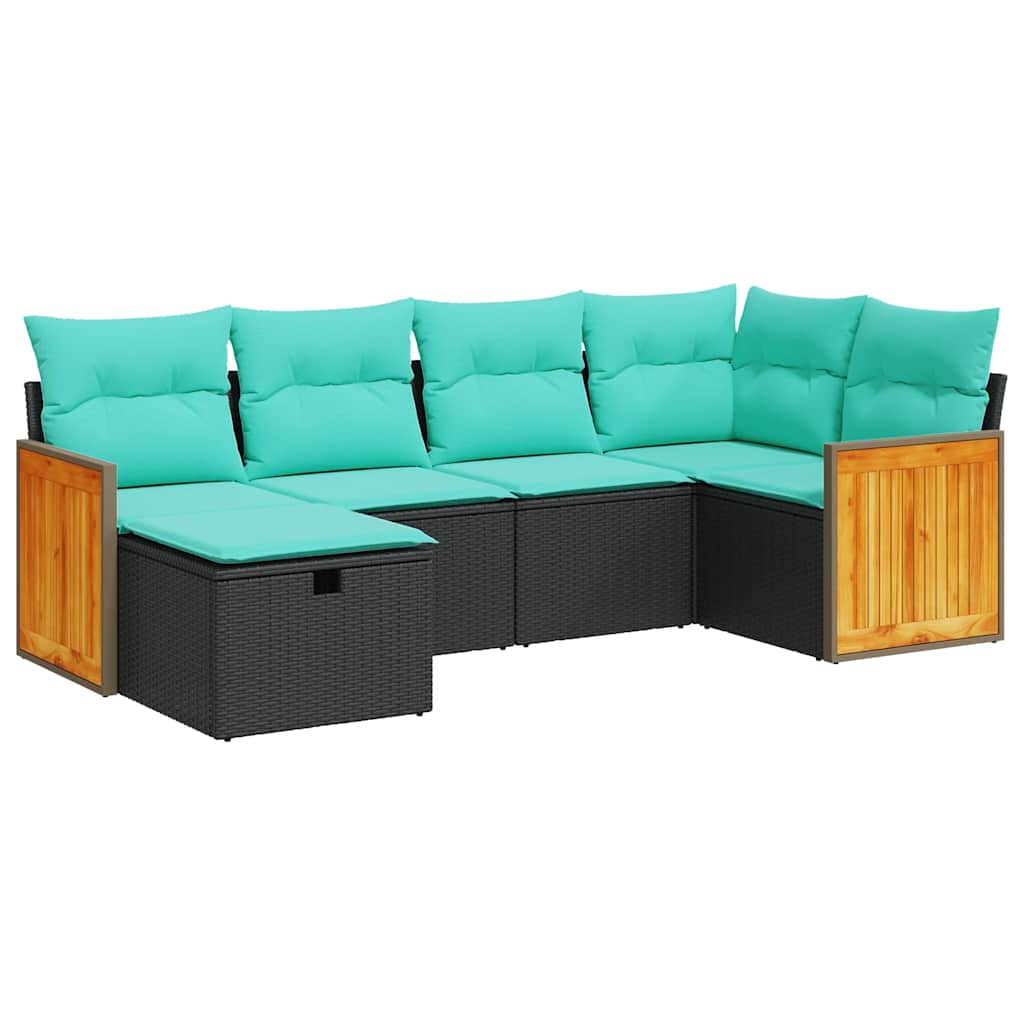 Salon de jardin 6 pcs avec coussins noir résine tressée