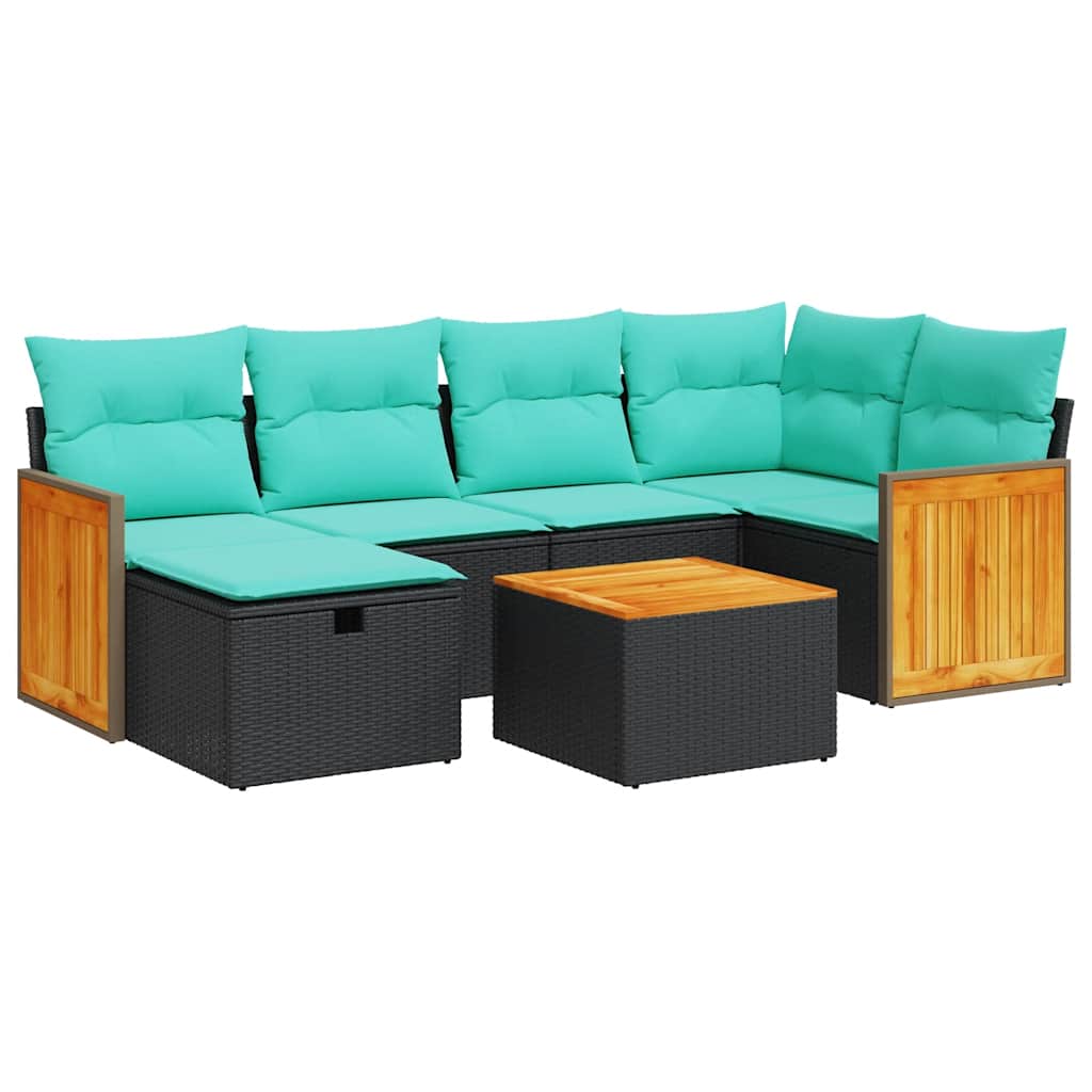 Salon de jardin 7 pcs avec coussins noir résine tressée