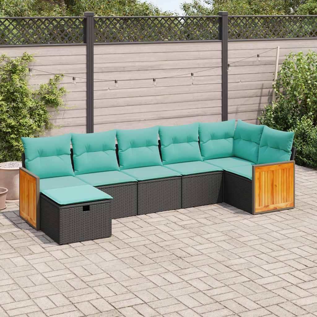 Salon de jardin 7 pcs avec coussins noir résine tressée