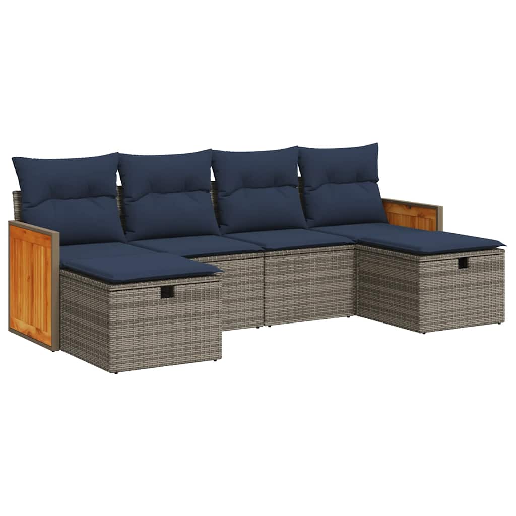 Salon de jardin 6 pcs avec coussins gris résine tressée