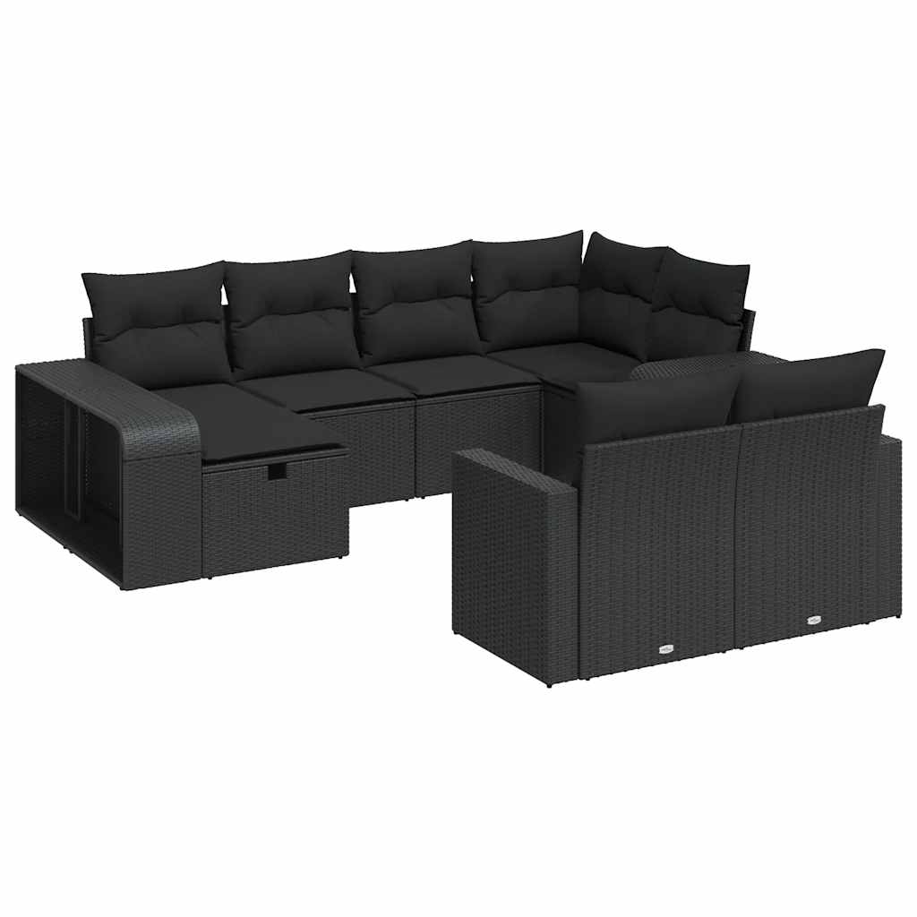Salon de jardin 10 pcs avec coussins noir résine tressée