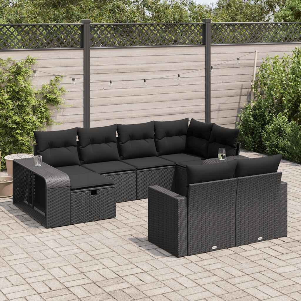 Salon de jardin 10 pcs avec coussins noir résine tressée
