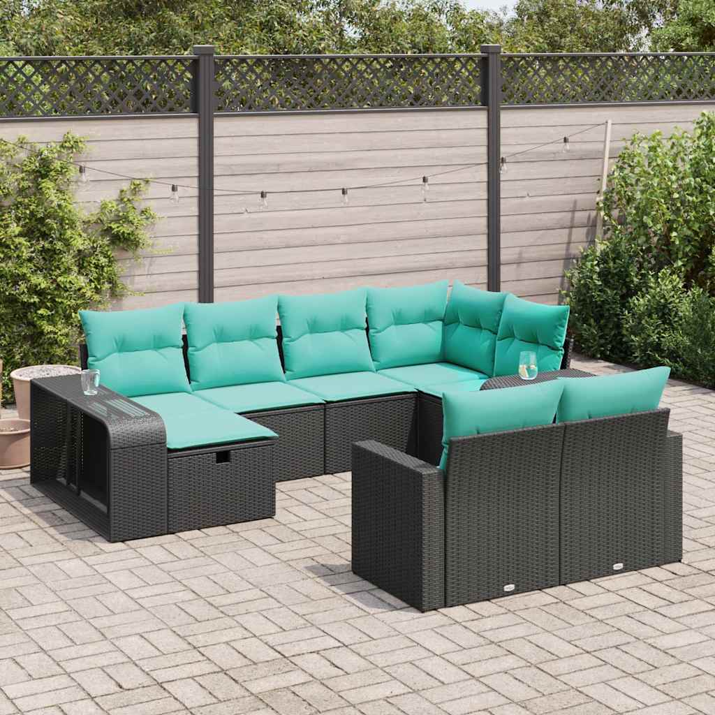 Salon de jardin 10 pcs avec coussins noir résine tressée