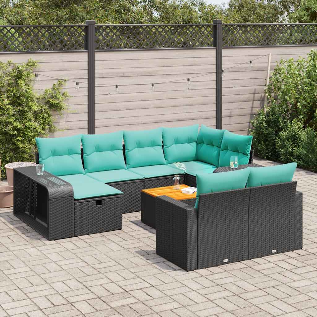 Salon de jardin 11 pcs avec coussins noir résine tressée