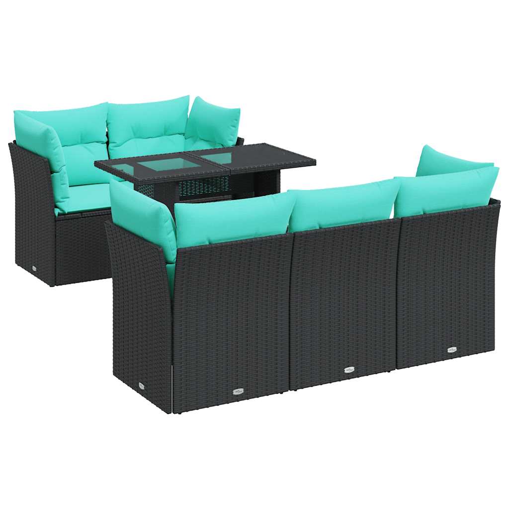 Salon de jardin 6 pcs avec coussins noir résine tressée acacia