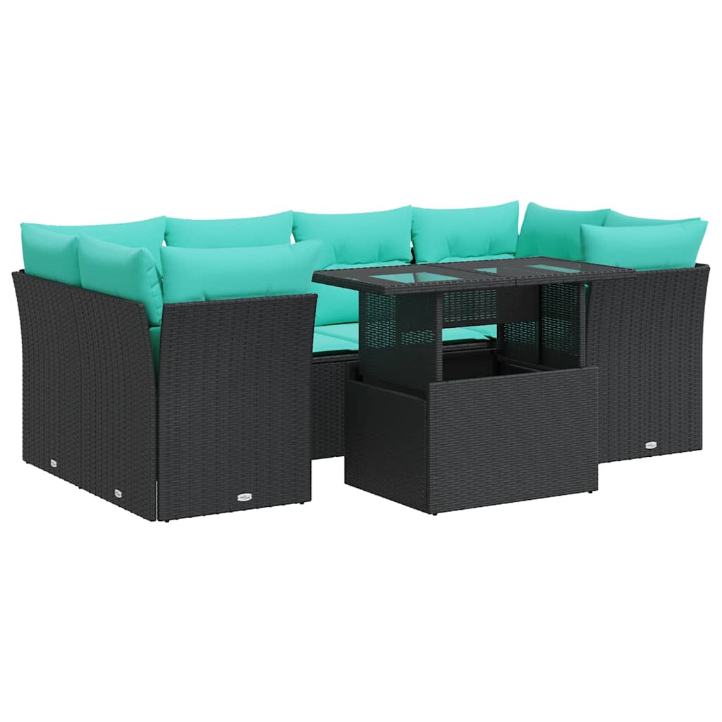 Salon de jardin avec coussins 7 pcs noir résine tressée acacia