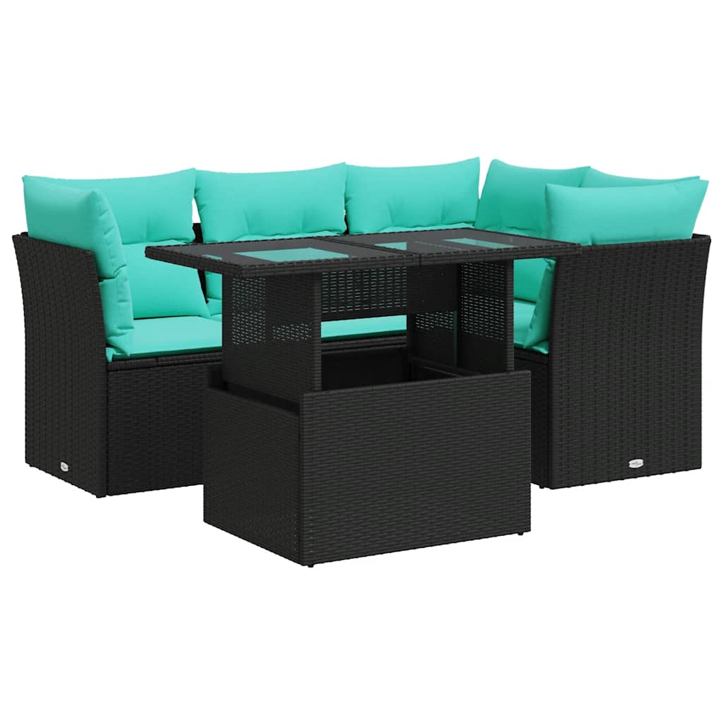 Salon de jardin 5 pcs avec coussins noir résine tressée acacia