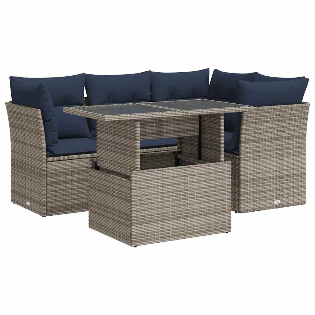Salon de jardin 5 pcs avec coussins gris résine tressée acacia